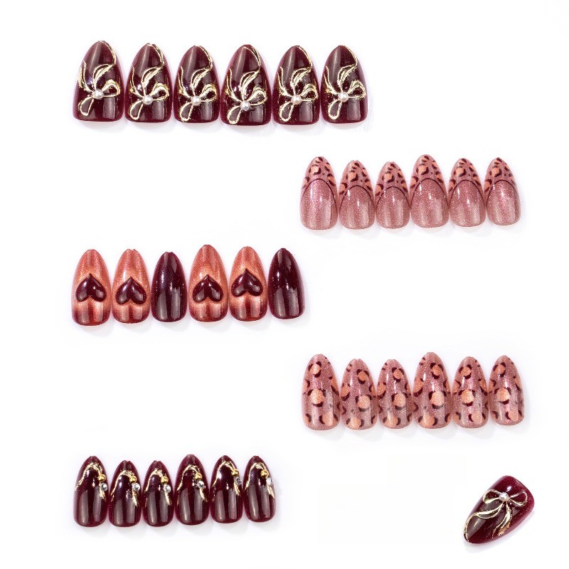 48pcs-Press on Nails Burgundy Cat Eye Leopard Print Heart Almond Nail Art Set