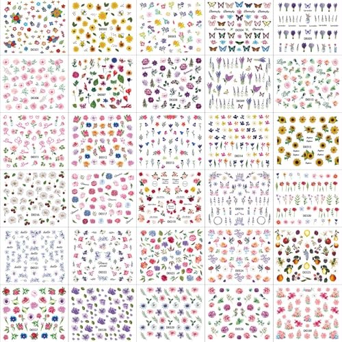 30 Sheets Flowers Nail Art Stickers Colorful Floral Butterfly Nail Style8