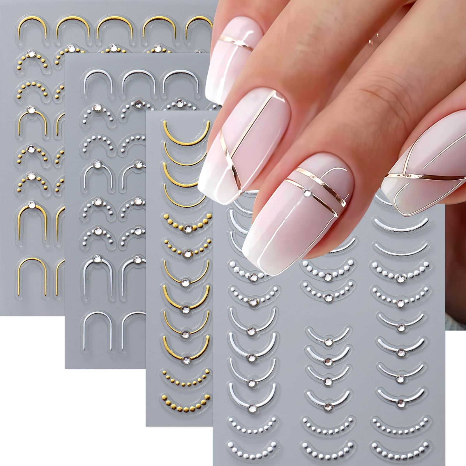 4 Pcs French Line Nail Art Stickers Decals 5D Embossed Gold Sliver Lines Nail…