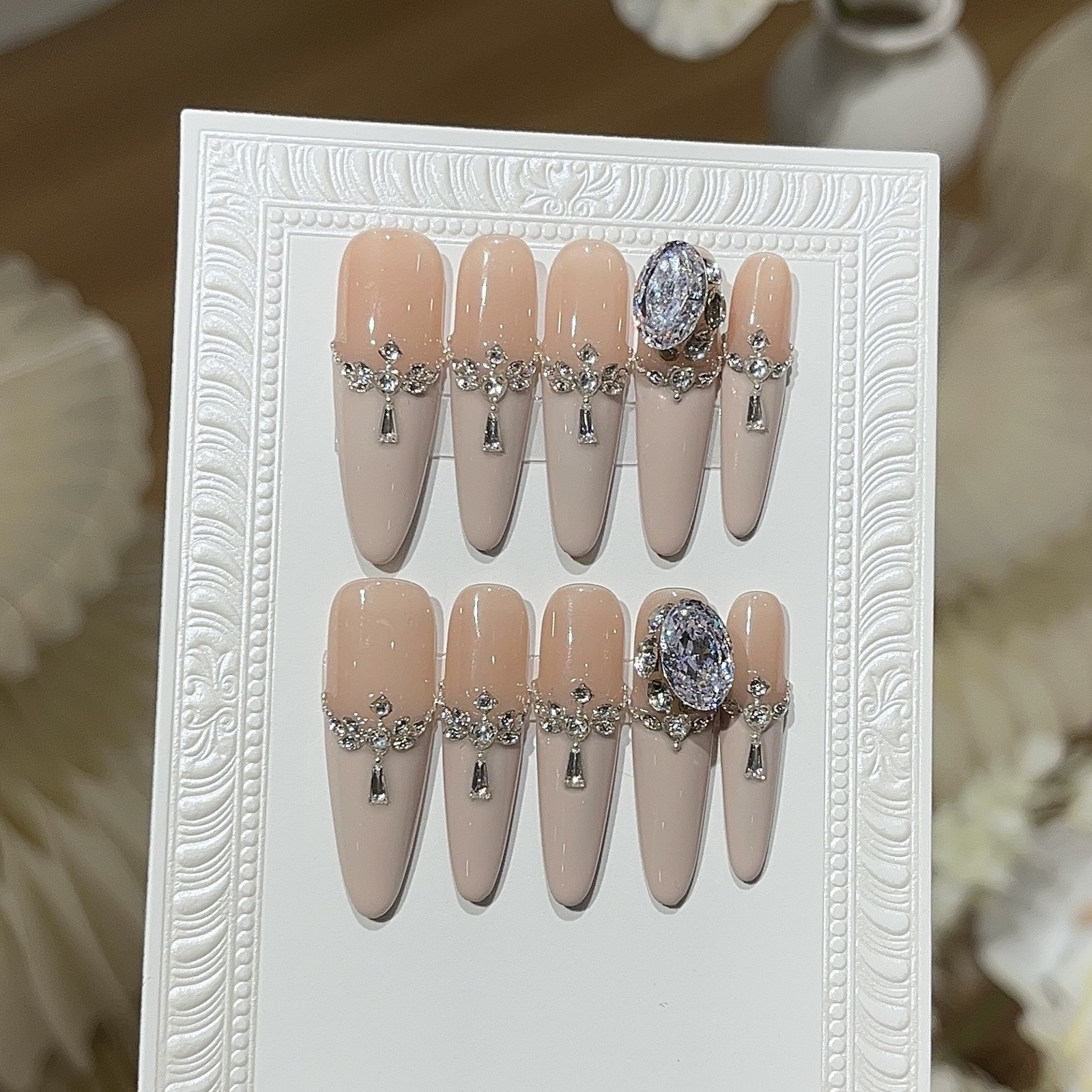 10Pcs Handmade Nude Pink Long Pointed Press On Nails With Shiny Zircon
