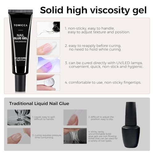 TOMICCA 4-in-1 Solid Gel Nail Glue, Strong Hold Clear Adhesive for Press On