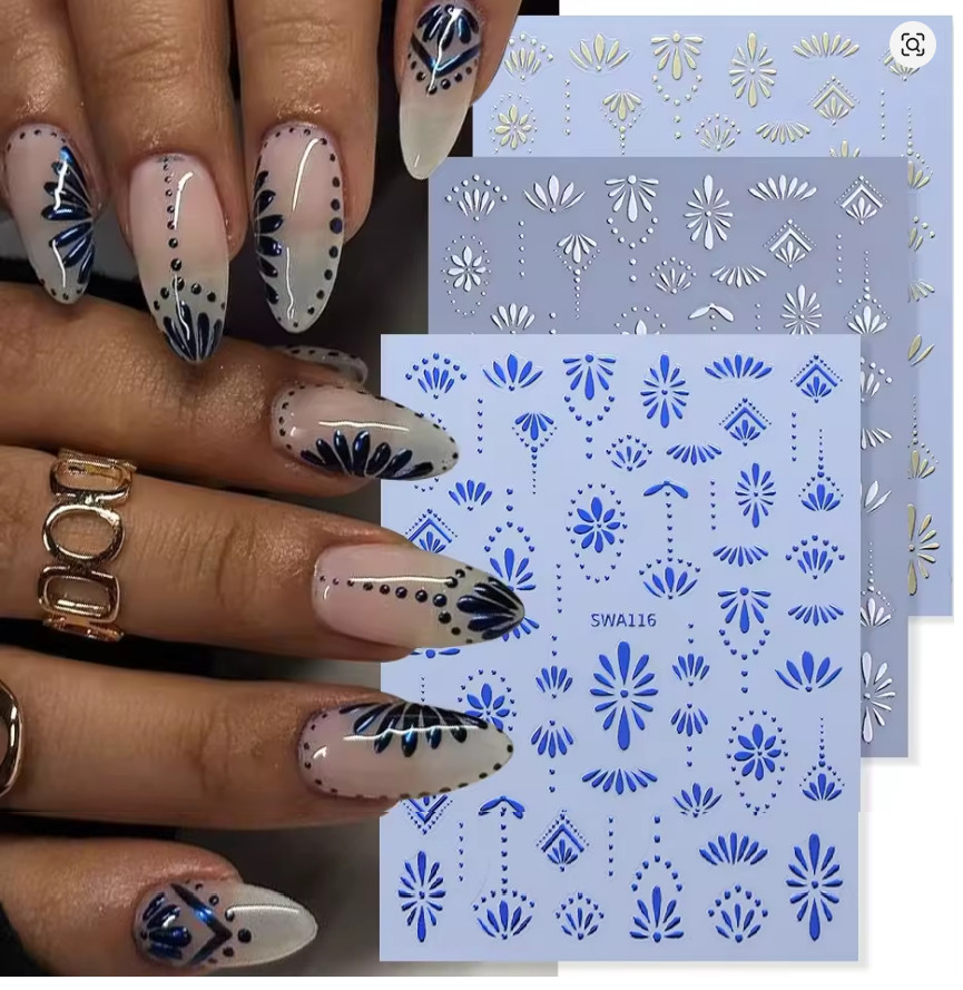 3 Sheets Bohemian Style Nail Stickers Gold Silver Blue Flower Petals Line NH28