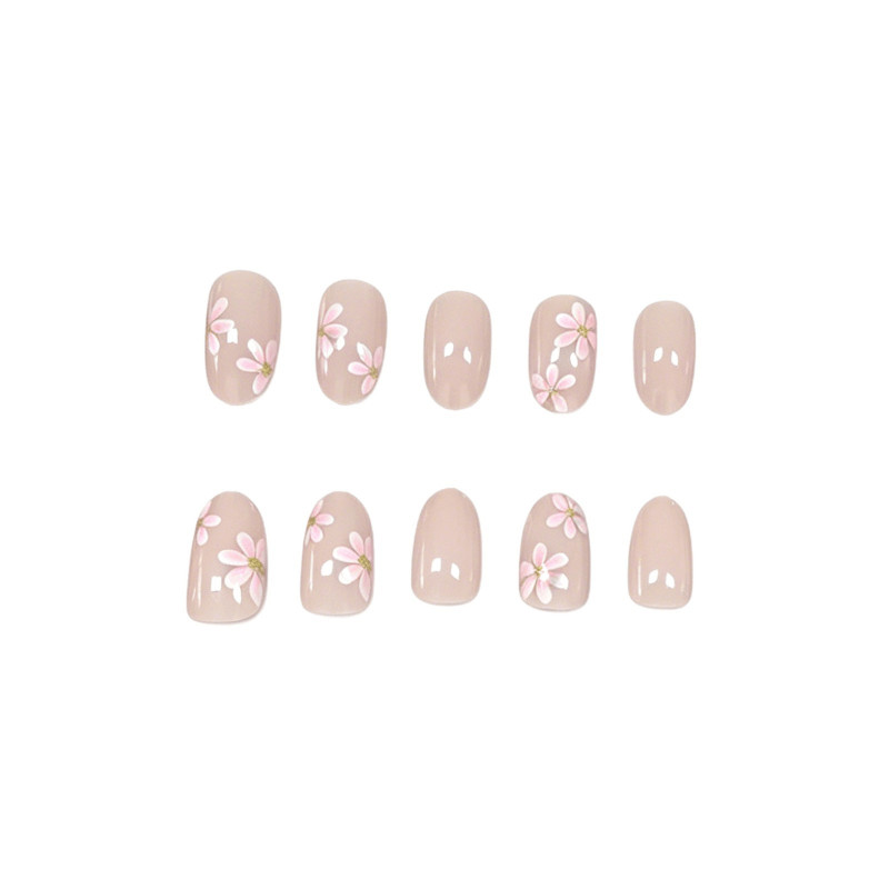 48pcs Short Round Press on Nails, Nude Pink Tiny Daisy Casual Daily Nails