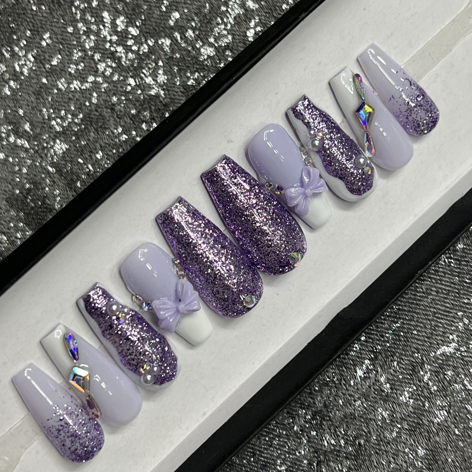 🤍 CUSTOM Hard Gel Press On Nails, Purple BLING 10p Set MED COFFIN NEW Kit