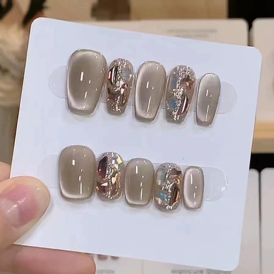 Handmade Press On Nails 10pc Pink Glitter Cat-Eye Design Oval Short Shape Glossy