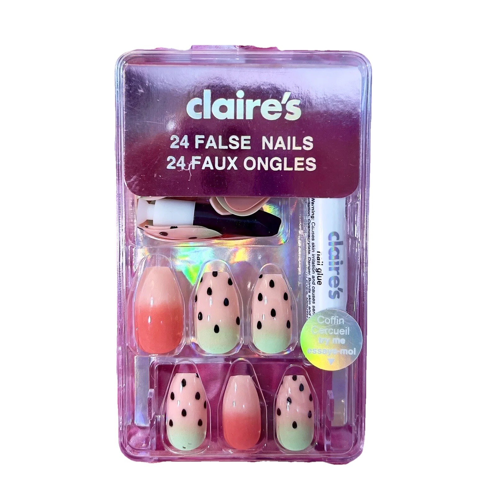 NIB NEW Claire’s Fake False 24 Nails Coffin Watermelon Summer Print *Juicy* Cute