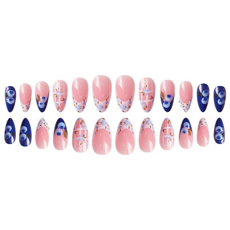 Sweet Almond False Nails Cute Blueberry Plaid Design Press on Nails Wholesale