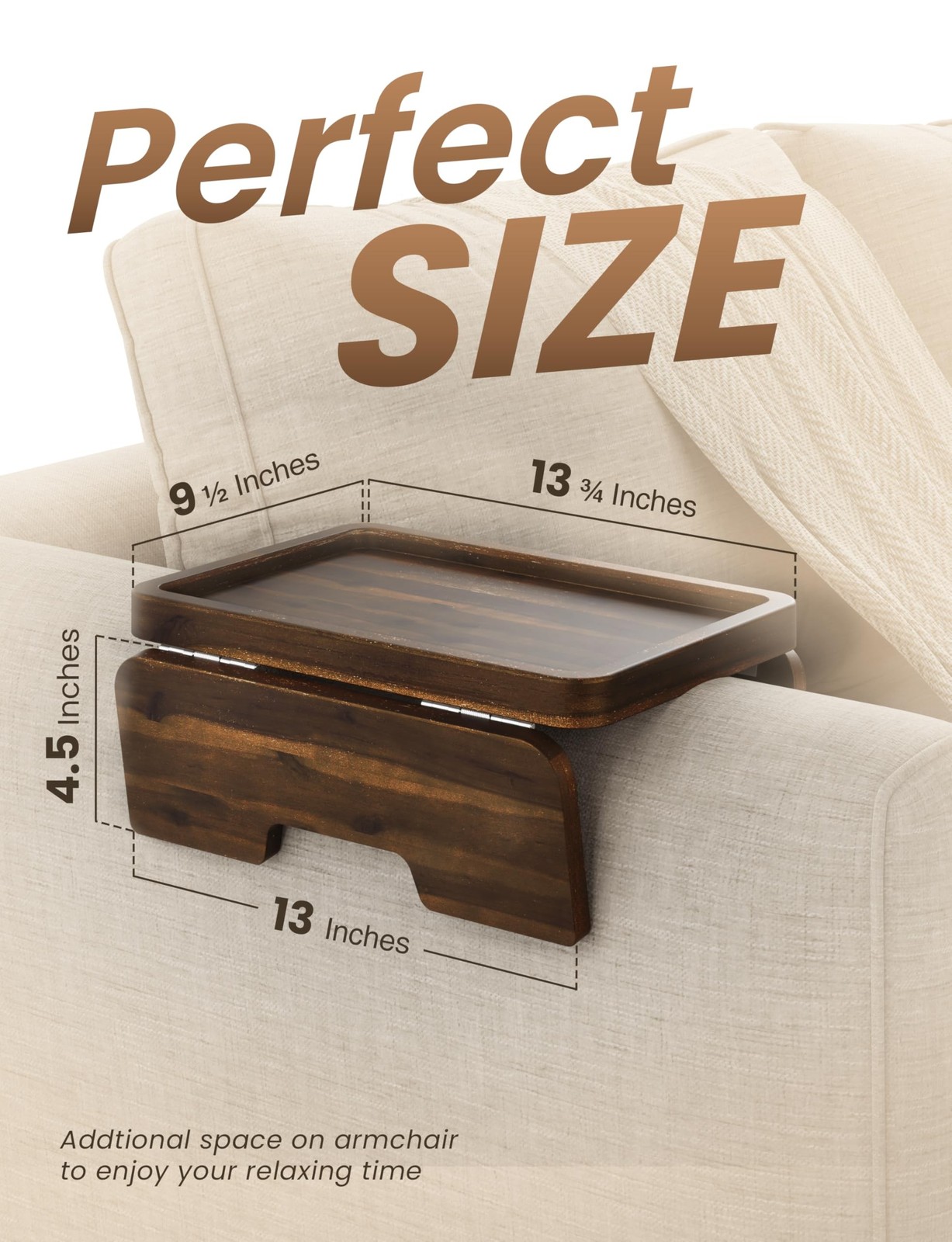 HOLANA Acacia Couch Armrest Table with 360° Rotating Phone Holder, Wooden C
