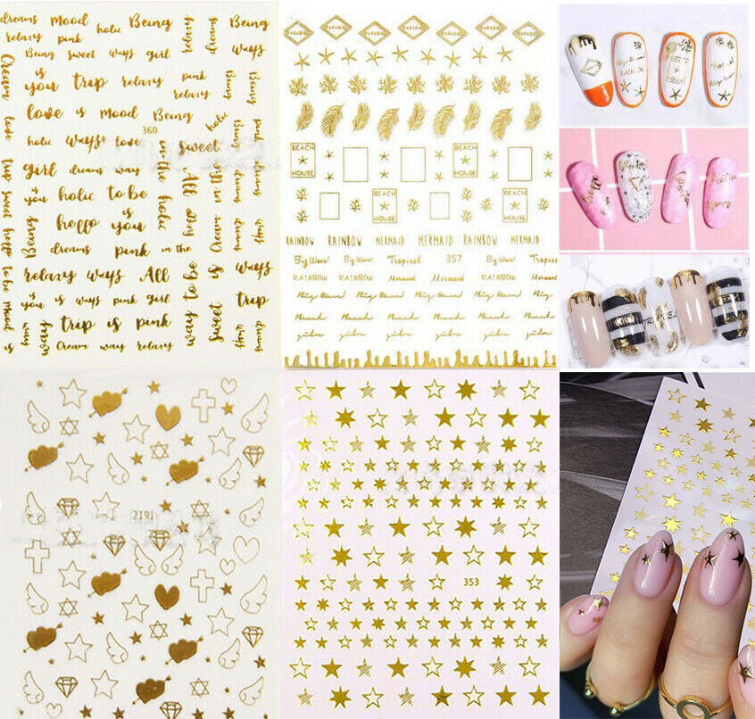 Nail Stickers Art Decal DIY Design Waterproof 3D Butterfly Heart Letters Gold US