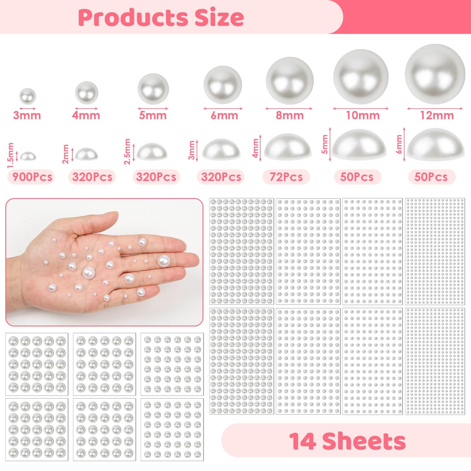 7 Sizes Self Adhesive Ivory White Hair Pearl Stickers, 2032 Pieces Stick on P…