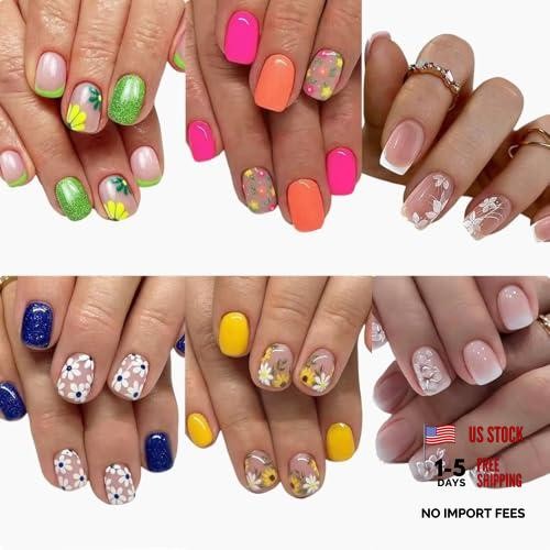 6 Packs (144 Pcs) Flower Press on Nails Short Square Fake Nails Floral Style-8