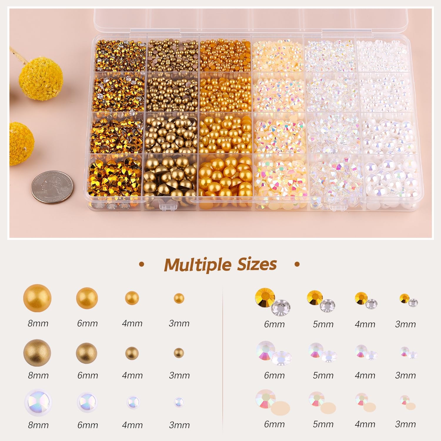9000PCS Flatback Pearls and Rhinestones for Crafting, White Brown 3-10mm Resi…