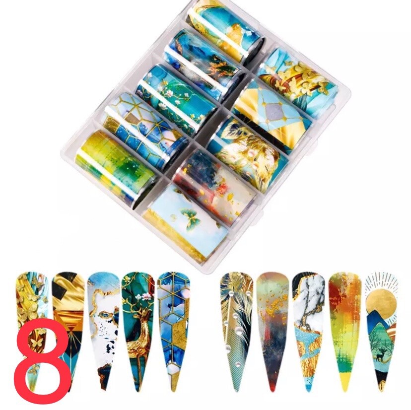 Foil Nail Art Transfer Sticker Set 10 Pieces Different Designs