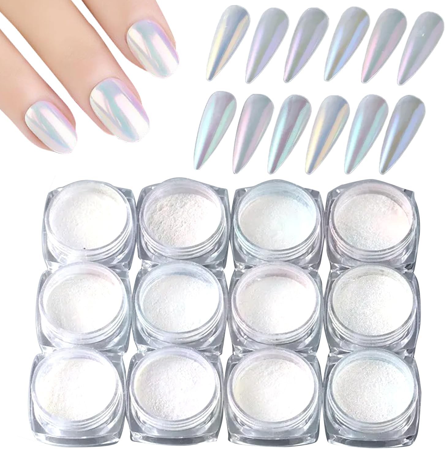 WOKOTO 12 Colors White Pearl Chrome Nail Powder for Art, Multi-Color