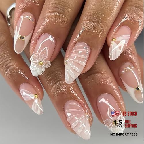24Pcs White French Tip Press on Nails Medium Almond Fake Nails hibiscus flower