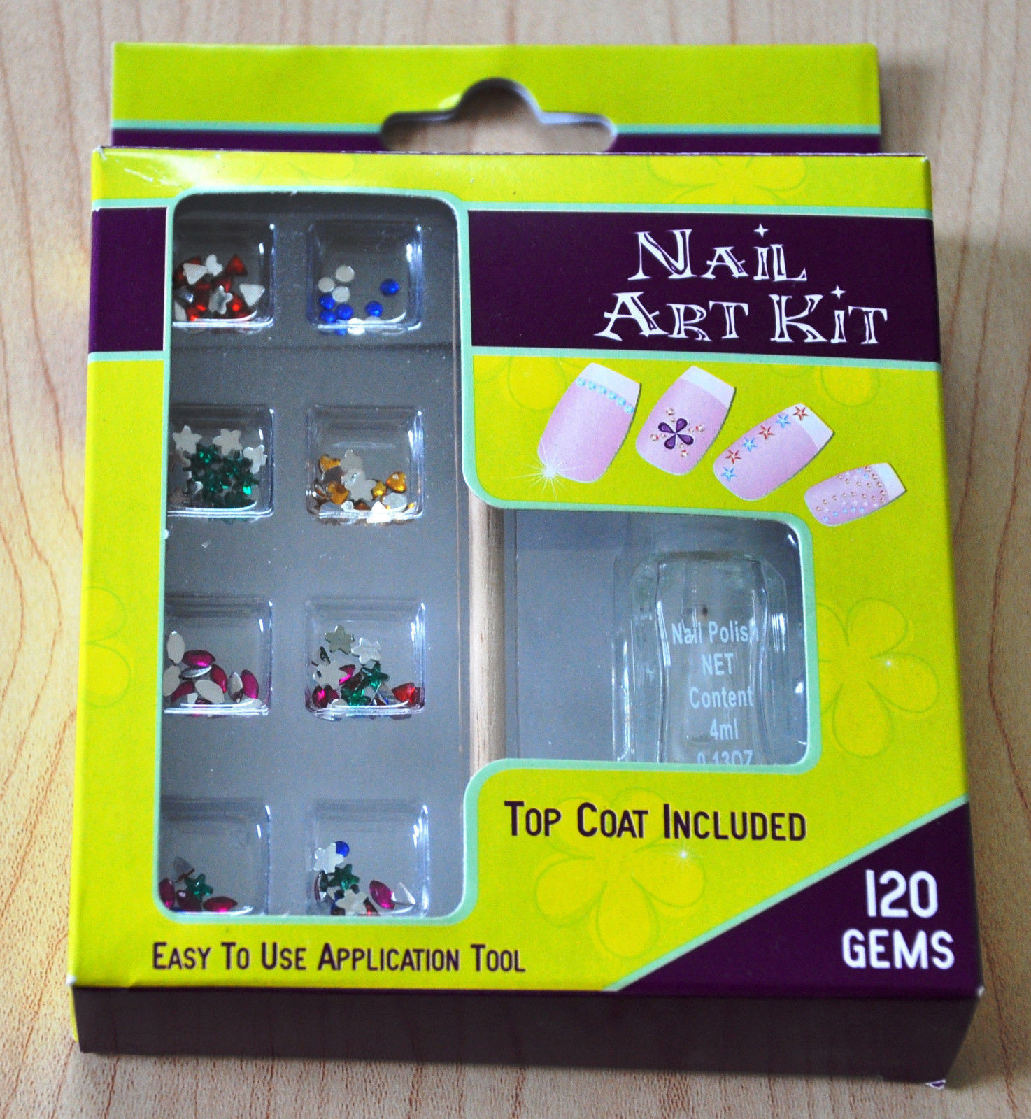120 GEMS Nail Art Design Kit 3D Nail Crystal Decal + Easy to Use Tool + TOP COAT