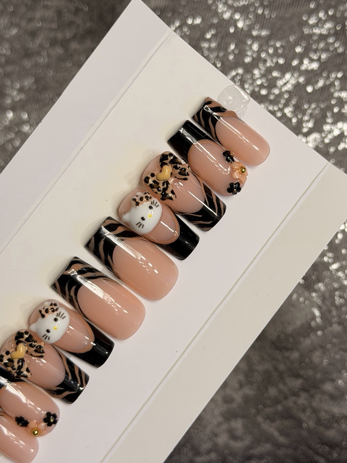 ✨ CUSTOM Press On Nails FRENCH BLACK HELLO KITTY BLING Flower 10p SET W Kit