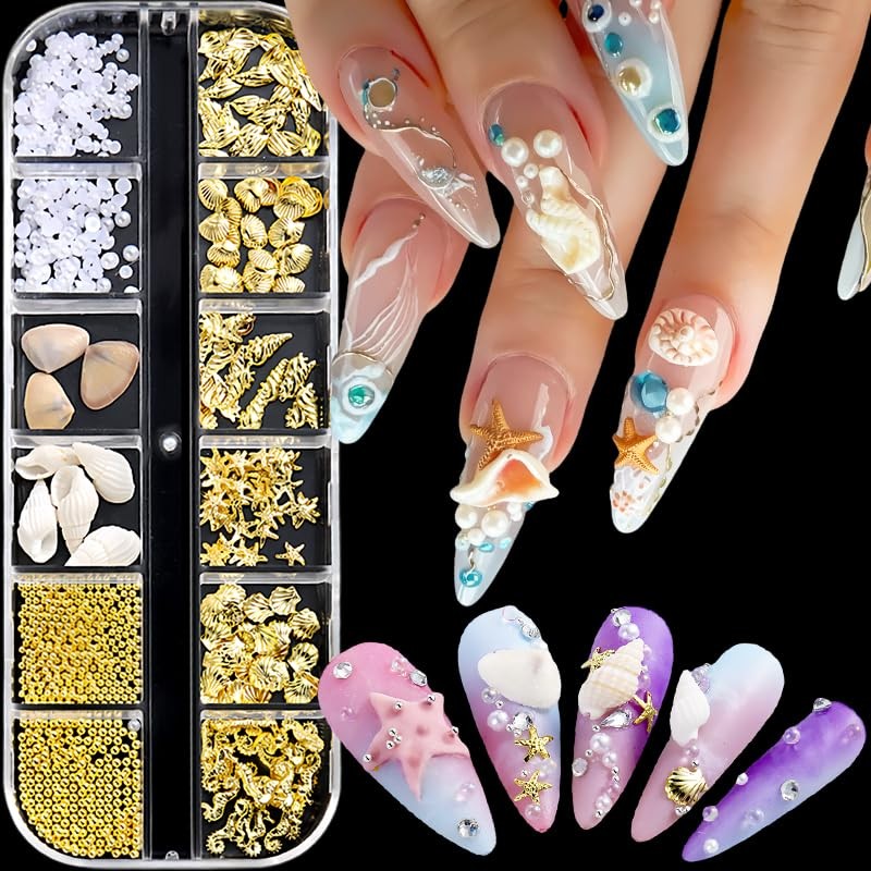 12 Grids Summer Nail Charms 3D Steel Studs Metal Art Charms Pearls white