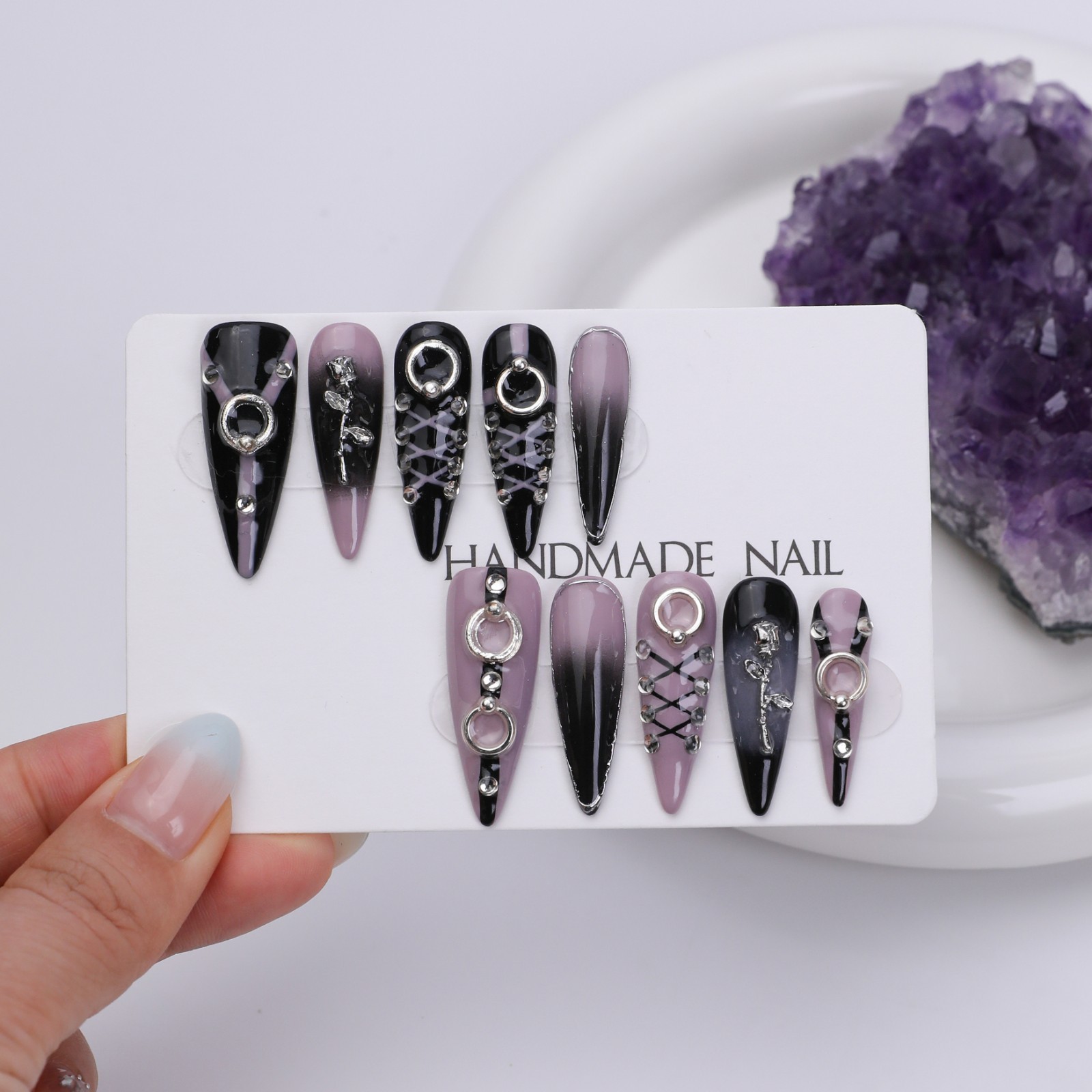 Black Purple Stiletto Press On Nails Long Gothic Rhinestone Reusable Set Glue On