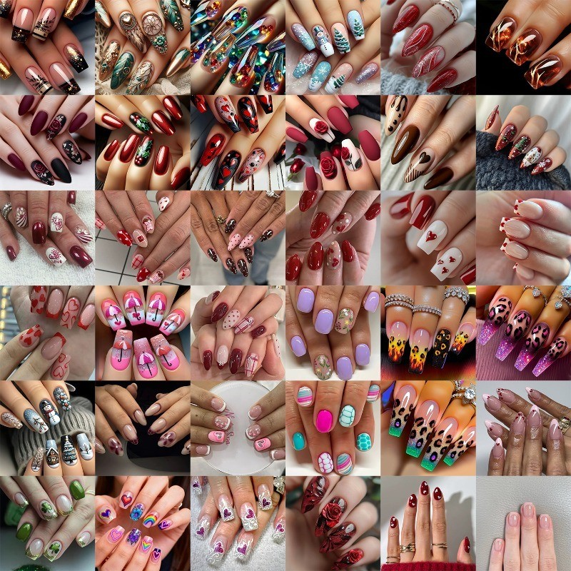 Mixed Style 96 Pressed in Nails, Random Style Size Almond Square Removable Nails