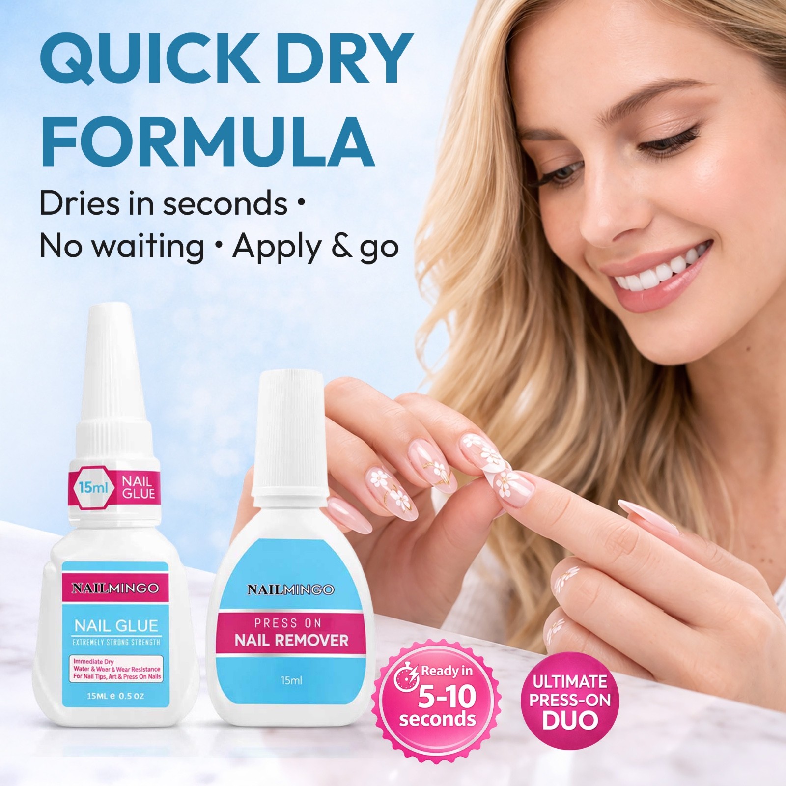 Strong Nail Glue + RemoverBundle Kit for Press On Nails Long Lasting 3 Week Hold