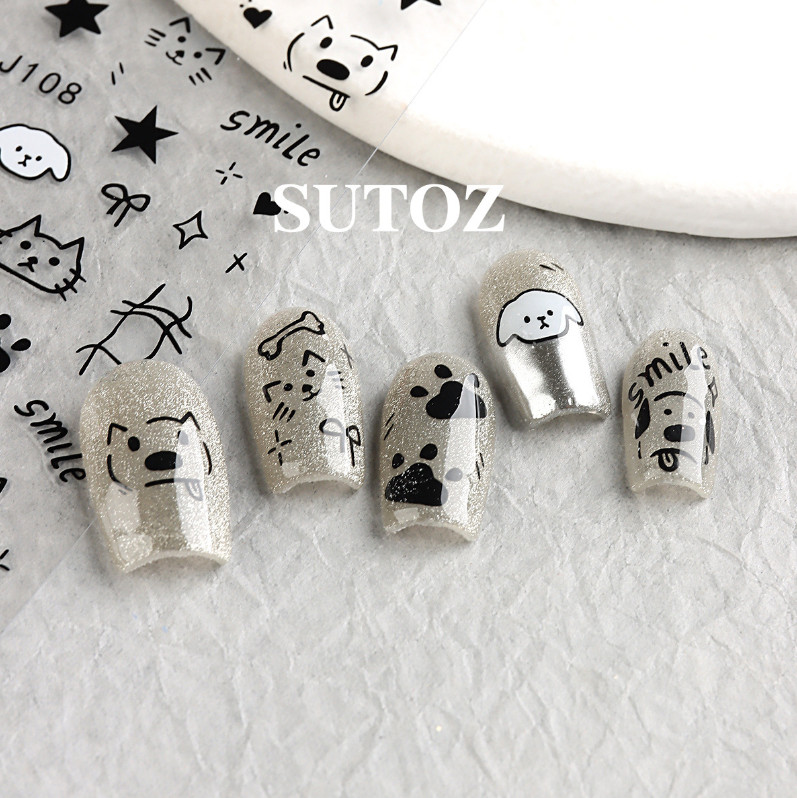 2Pcs Black White Cartoon Cat Dog Star French Nail Stickers Decoration J107 NS52