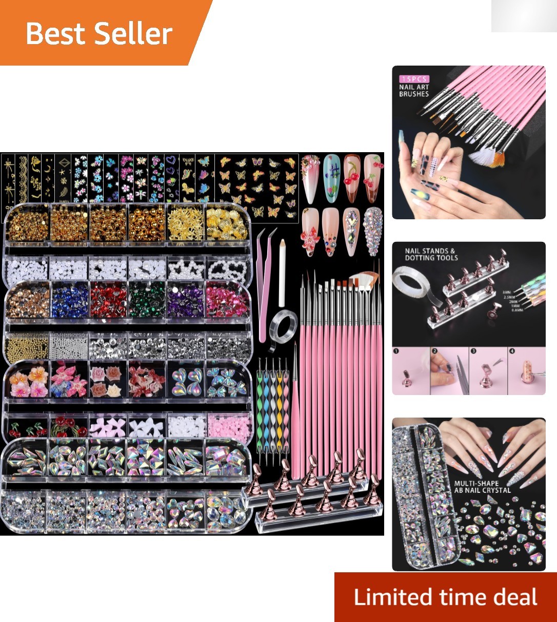 Ultimate Nail Charms & Gems Set with Art Brushes & Magnetic Stand – 4 Boxes