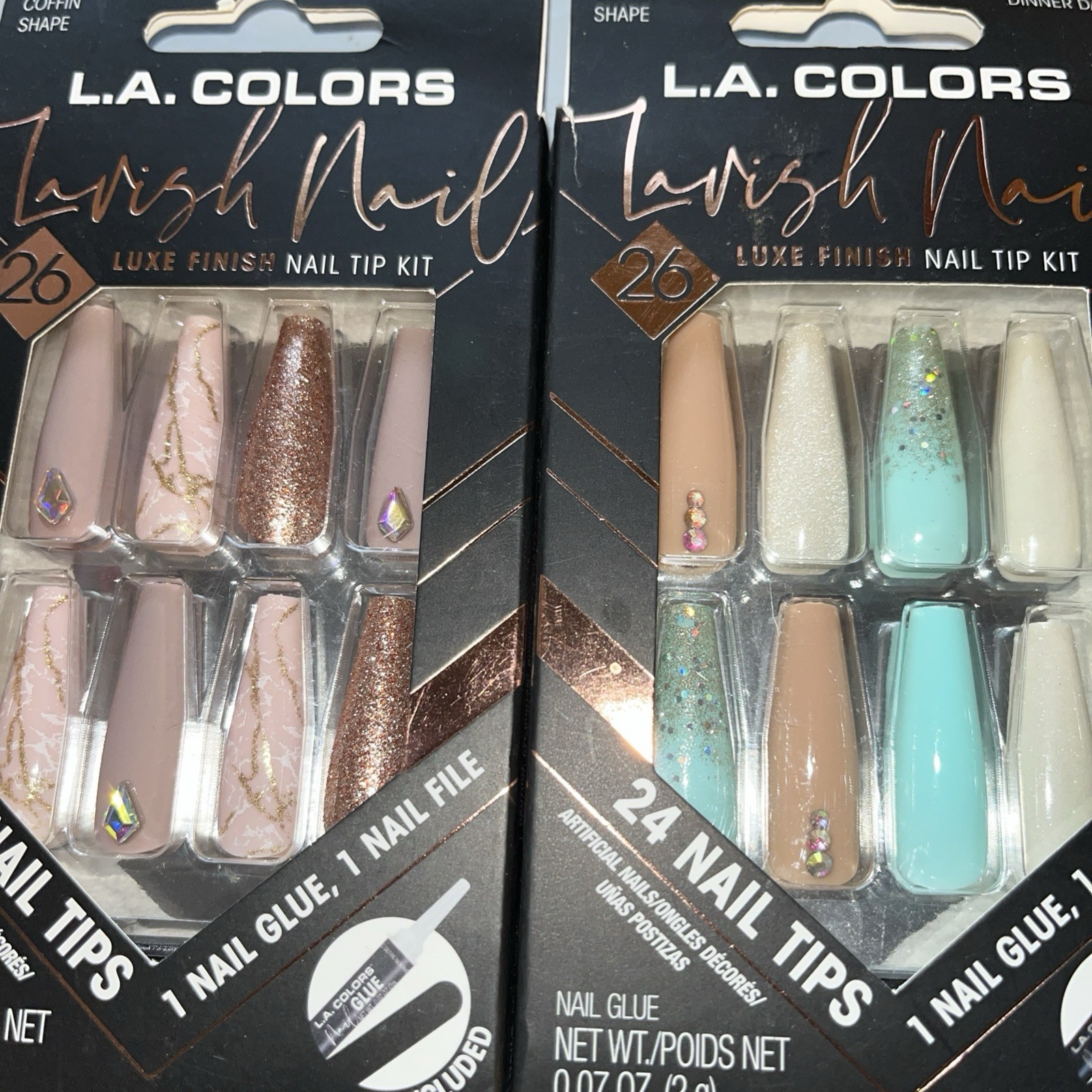 L.A. Colors Lavish Luxe Nails Long Coffin Shape 2 NIB Kits Glue, File Jeweled