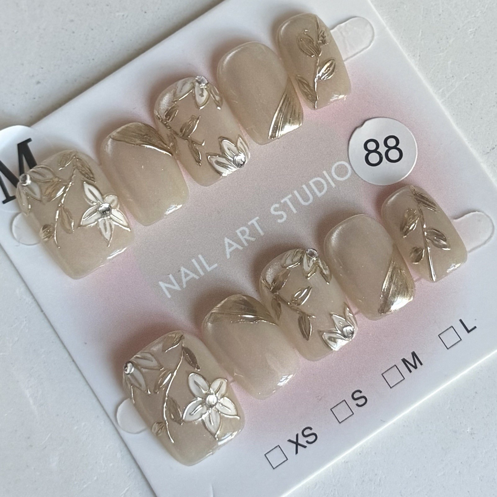 Handmade Pink Cloisonné Press-On Nails Short Square Size M Reusable Fake Nails