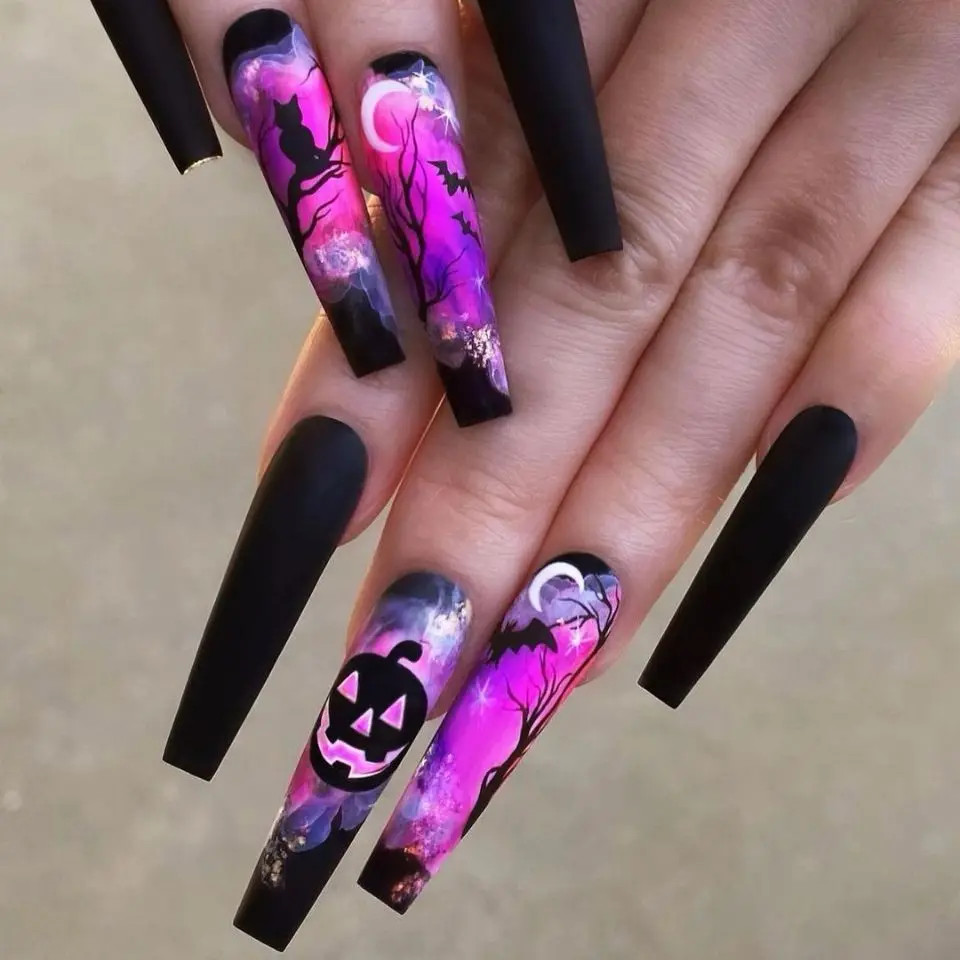 24pcs White Bones Long Pointed Patches Halloween Ghost Spider Press on Nails