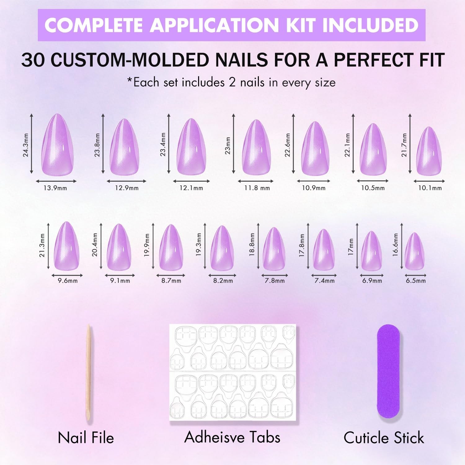 KQueenest Purple Cat Eye Press on Nails Almond Shape, 30 Pcs Black Glitter Fake