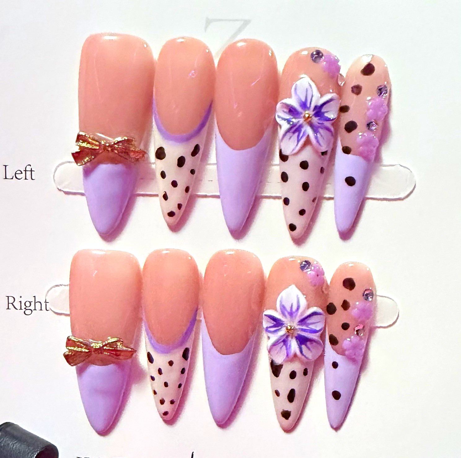 Pink/Purple/Black 3D Flower Almond Press-On Nails, Long, Full Cover Pre-Designed