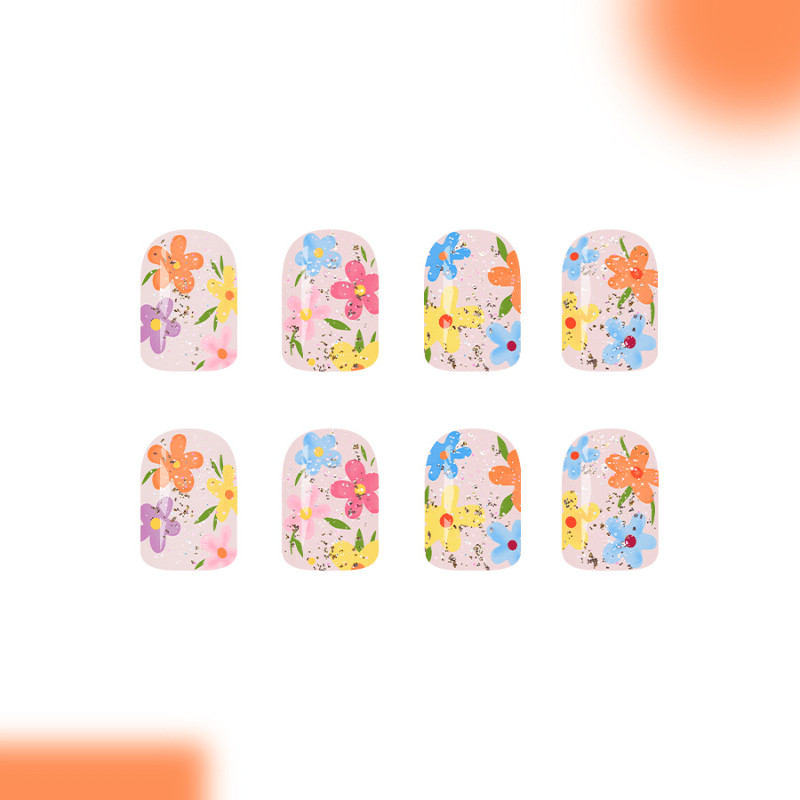 48P Short Square Press on Nails, Clear Glitter Colorful Floral Spring Fake Nails