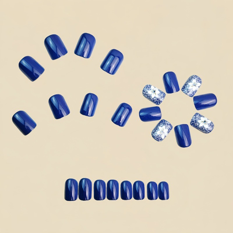 48pcs Elegant Navy Blue Glitter Press On Nails Flower Long Coffin Fake Nails