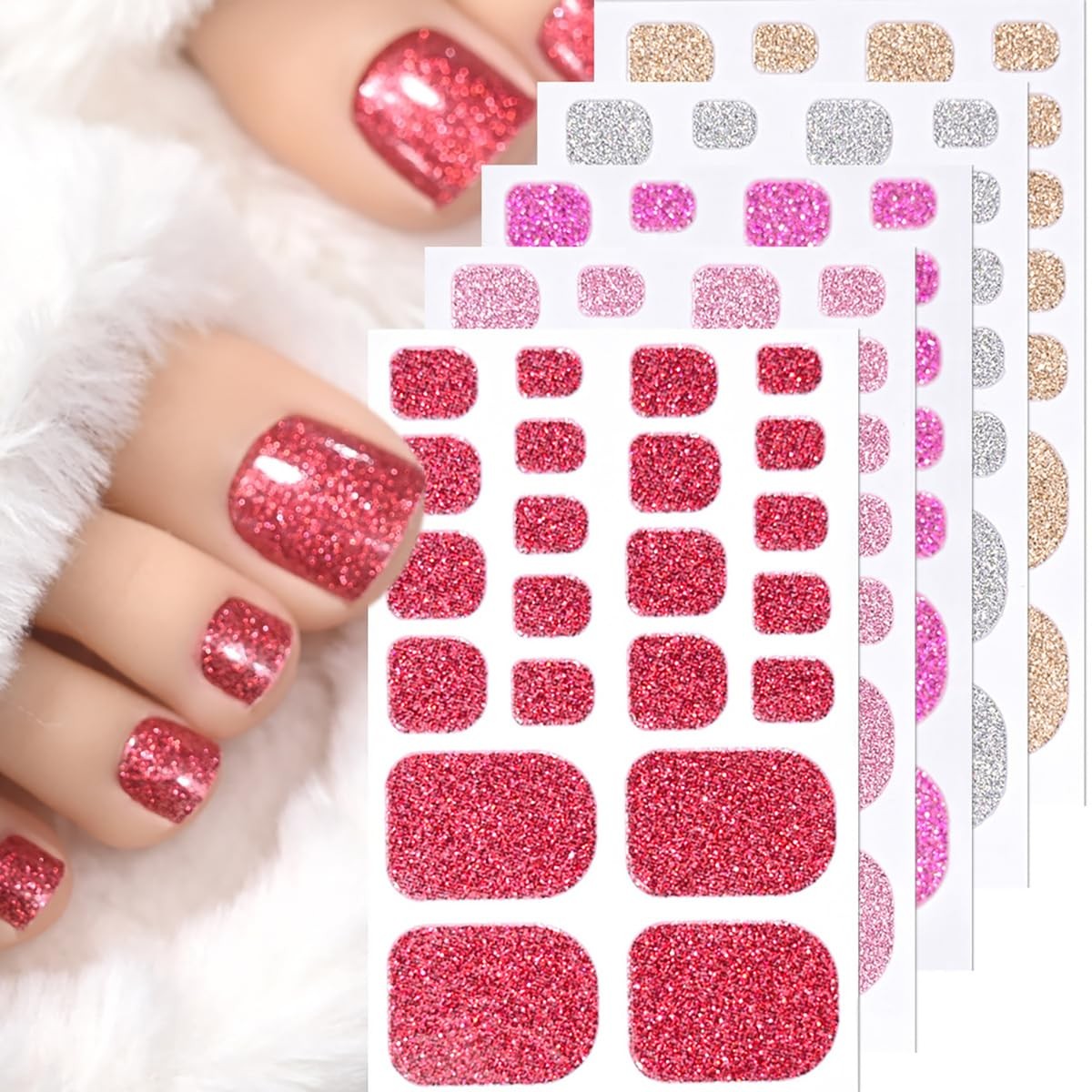 Pegatinas de uñas de gel para uñas completas, color plata, oro, rojo y rosa.
