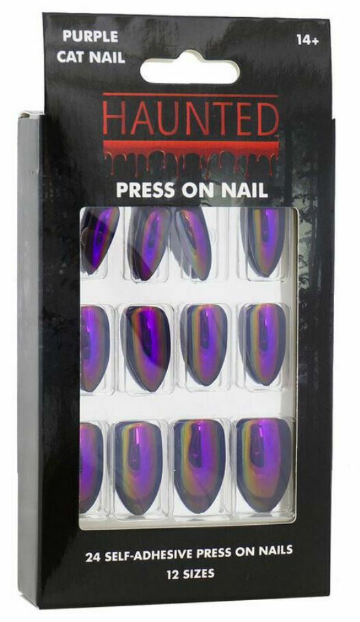24pc Cosplay Goth Halloween Roleplay Press On Fake Metallic Purple Cat Nails Kit