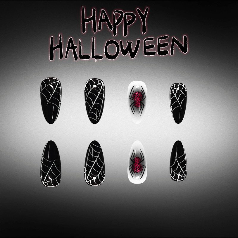 48Pcs-Long Almond Halloween Black White Red Glitter Spider Web Press on Nails