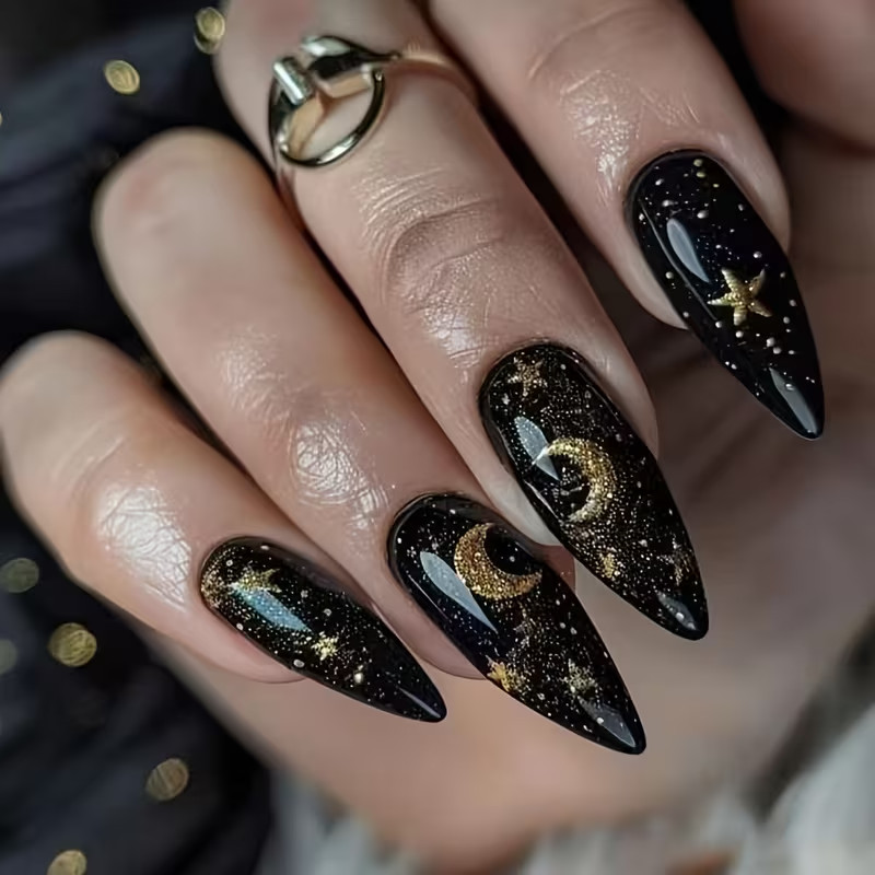 24pcs Almond Medium Press-On Nails, Golden & Black Starry Night, Crescent Moon