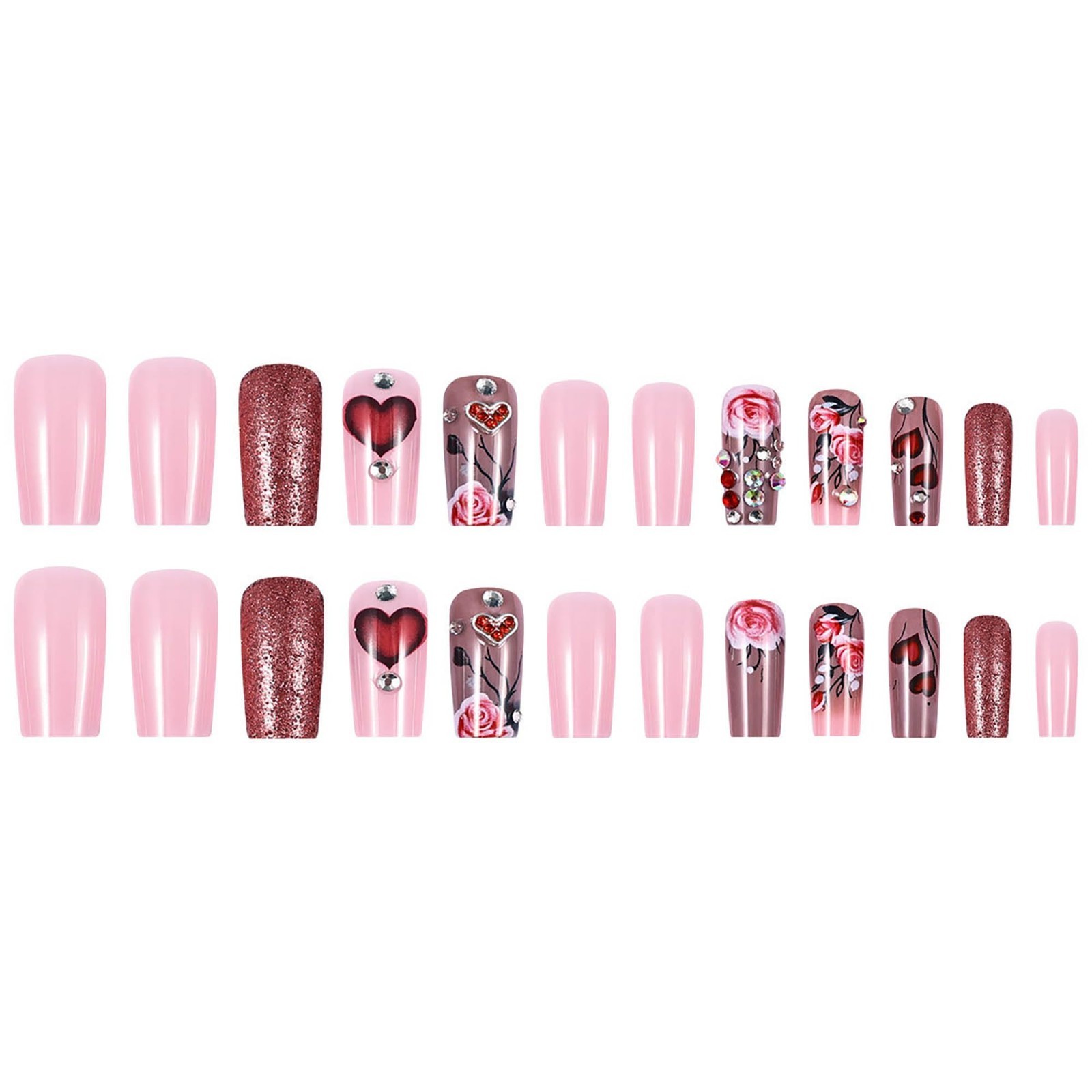 Rose Heart 3D Gem Handmade Press On Nails