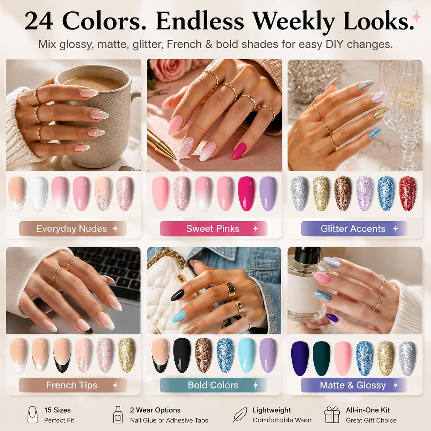 Press on Nails Kit- 720 Pcs Short Almond 24 Colors | 15 Sizes Glossy Matte Glitt