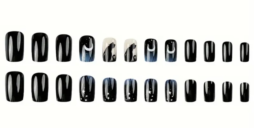 24pcs Halloween Glossy Short Oval Fake Pink & Black French Style Star Moon Cat