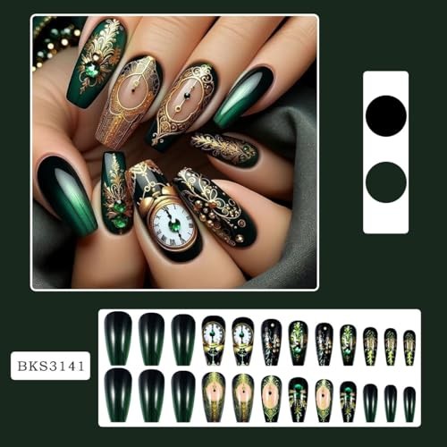 Dark Green Gradient Press on Nails Long Coffin 1 Fl Oz (Pack of 1) Green Gold