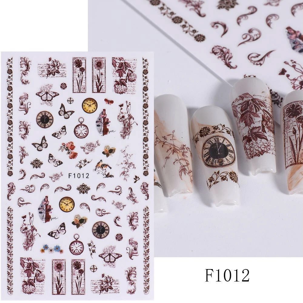 Nail Art 3D Decal Stickers beautiful butterflies flower clock roses F1012