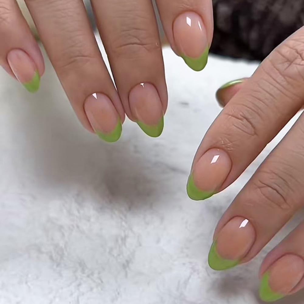 Green French Tip Press on Nails Short Almond Nude Fake Nails Press ons Artifi…
