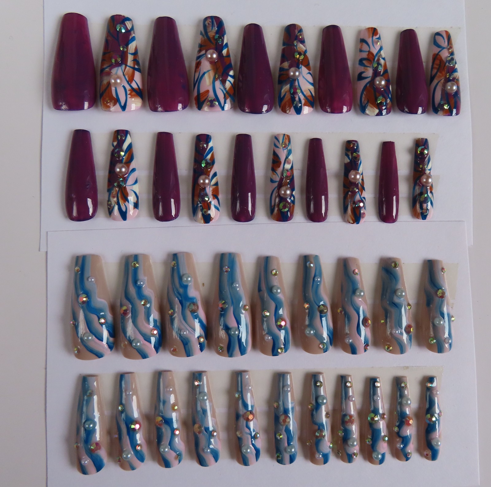 (2) Sets Purple Blue Pearl Abstract | Blue Pink Pearl Wave Coffin Press-On Nails