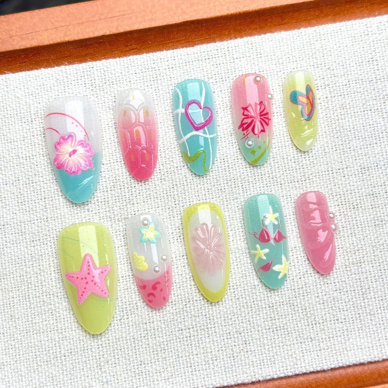 Colorful Press on Nails Summer Beach Painted Fake Nails with 3D Pearl Flower …