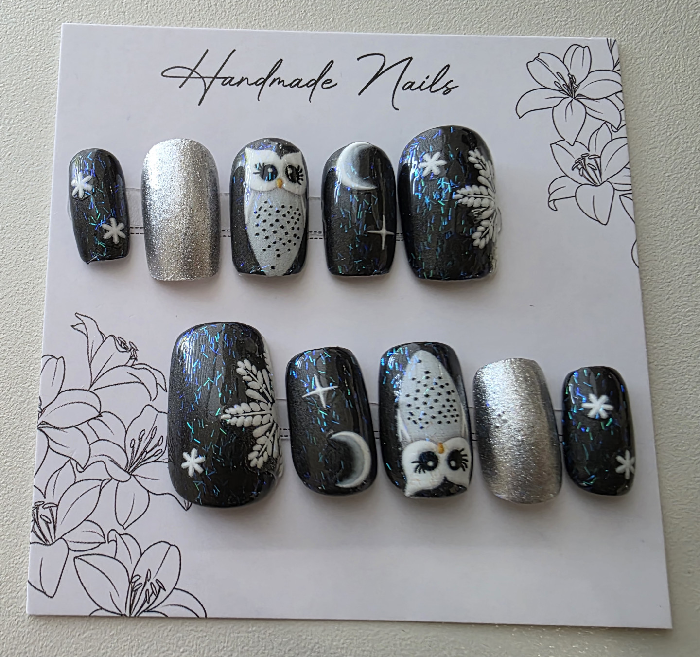 Handmade Press On Nails Winter Christmas Tree Owl Santa Deer Snow Square Medium