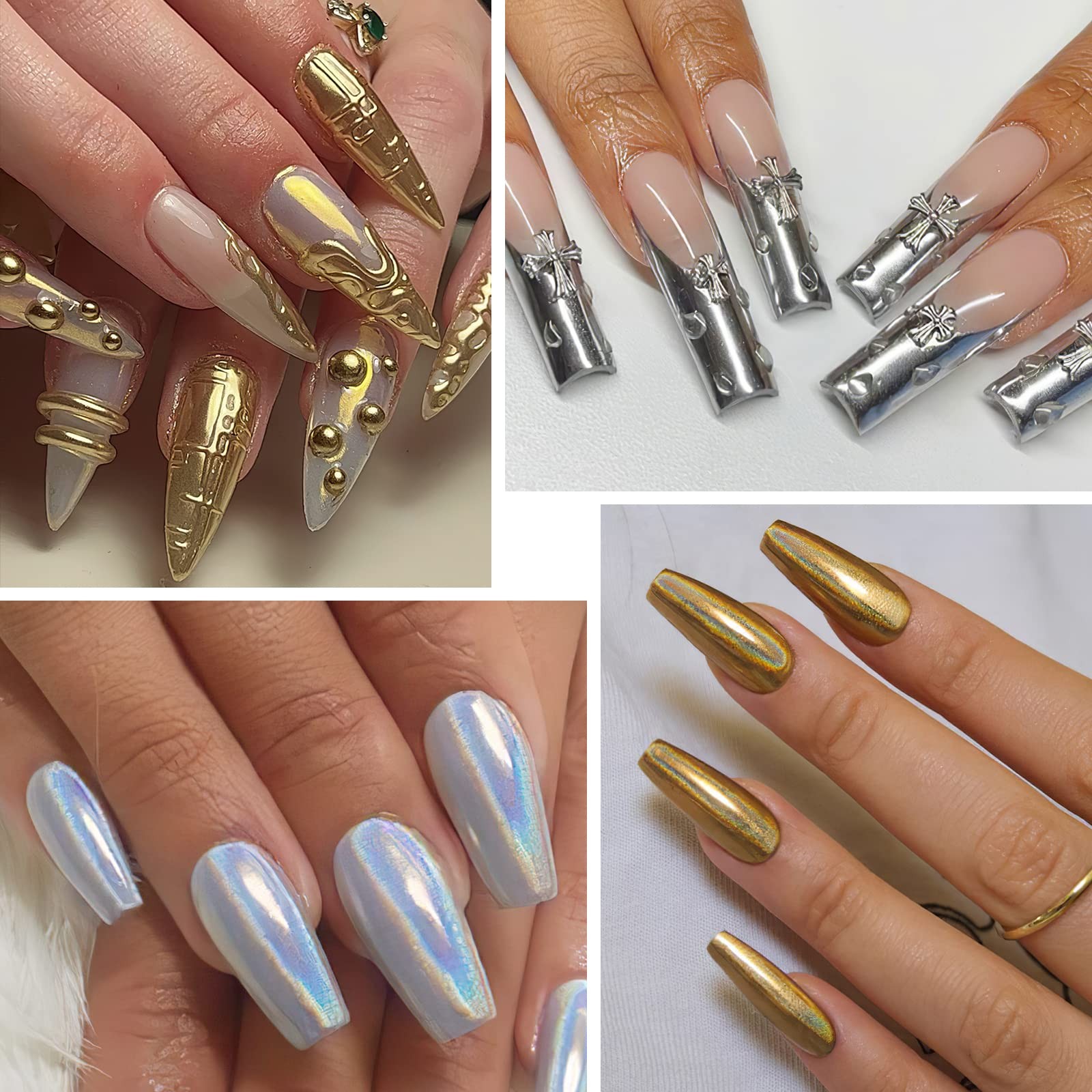 Gold Silver Chrome Nail Powder, 6 Colors Holographic Unicorn Iridescent Nail …