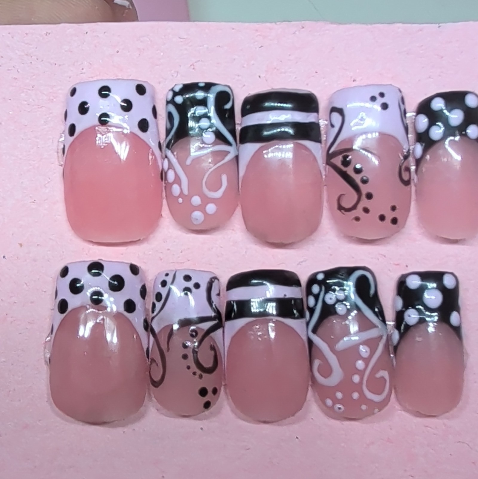 10 Piece Short Square Press-On , French, Pink Black White Polka Dot, Handmade