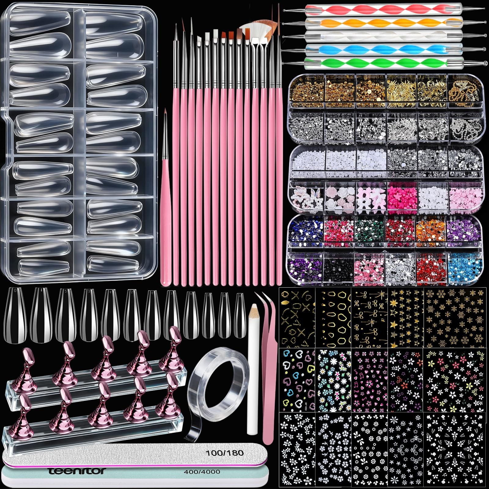 Acrylic Nail Kit for DIY Nail Art – Clear Coffin Tips, Charms, Stickers & Tools